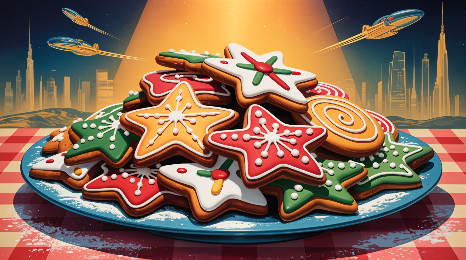 A vibrant 4K Ultra HD desktop wallpaper featuring a festive pile of colorful holiday cookies shaped like stars and trees, set against a futuristic cityscape backdrop.
