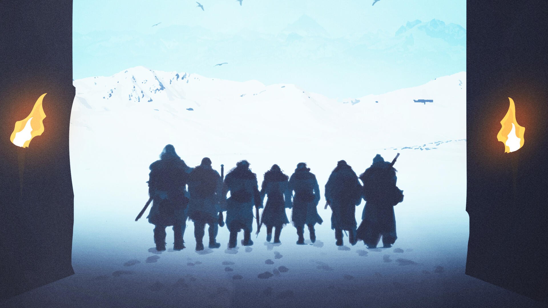 HD Game of Thrones PC desktop wallpaper featuring a group of characters silhouetted against a snowy landscape, framed by torch-lit stone walls.