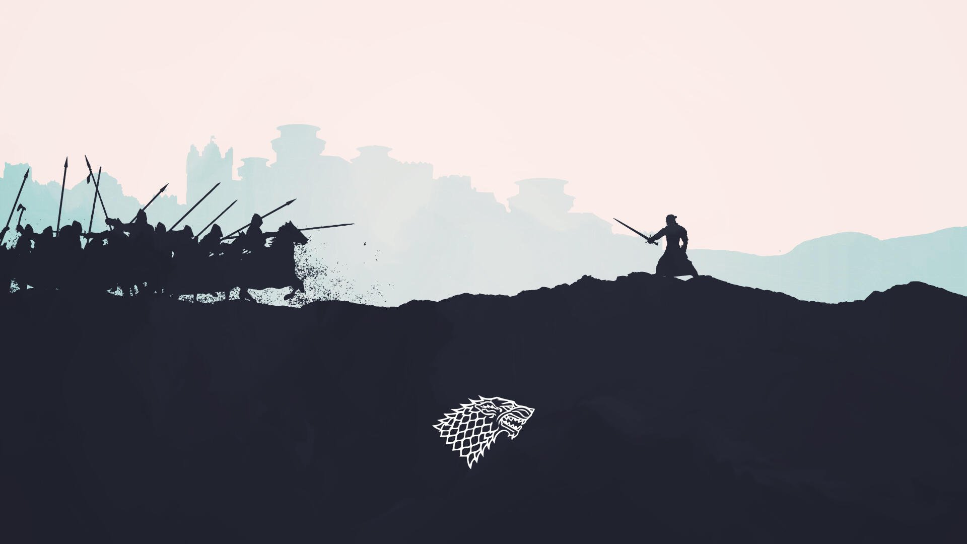 4K Ultra HD Game of Thrones PC wallpaper showing a lone warrior facing a charging army with the Stark sigil in the foreground against a misty castle backdrop.