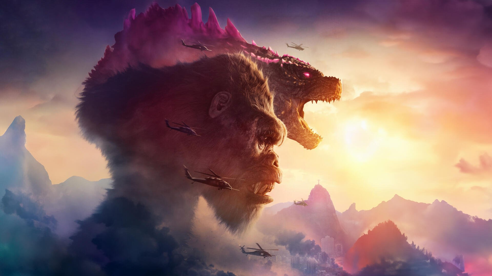 Godzilla x Kong: The New Empire 8K Ultra HD wallpaper featuring a colossal mountain shaped like Kong’s face with Godzilla’s form emerging, set against a dramatic sunset sky.