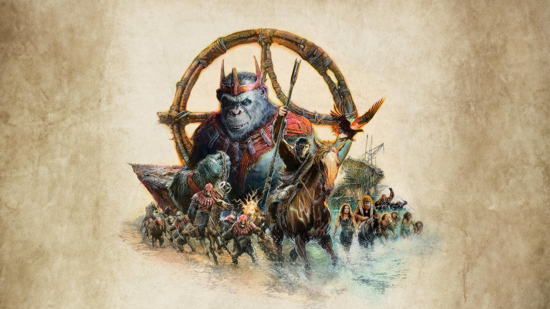 4K Ultra HD Kingdom of the Planet of the Apes PC wallpaper featuring a crowned ape leader on horseback with an army and a large circular emblem in the background.