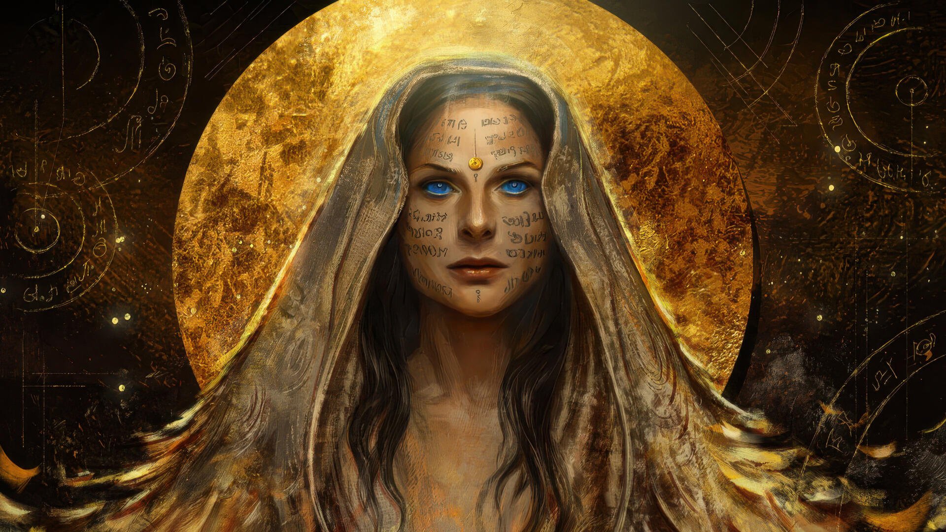 Dune: Part Two 4K Ultra HD PC desktop wallpaper featuring a mystical woman with glowing blue eyes and intricate markings, set against a golden celestial backdrop.