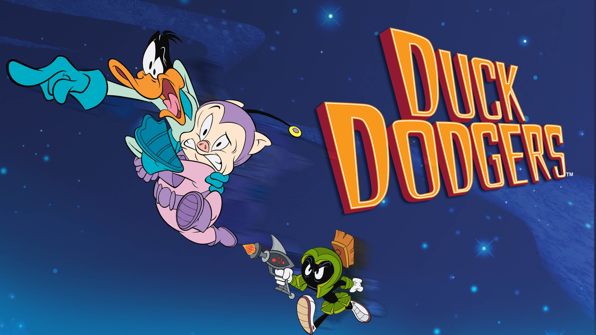 4K Ultra HD Duck Dodgers PC desktop wallpaper featuring animated characters Duck Dodgers, Porky Pig in a spacesuit, and Marvin the Martian against a starry night sky.