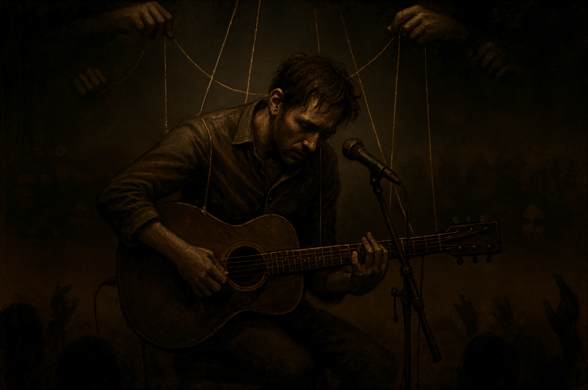 4K Ultra HD PC desktop wallpaper: a lone musician performing with an acoustic guitar under a moody spotlight, shadowy hands above like puppet strings, cinematic and intimate stage atmosphere.
