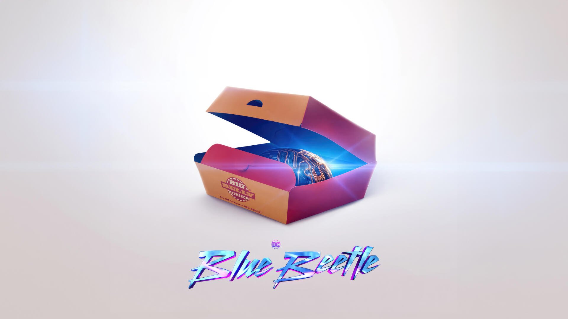 4K Ultra HD PC desktop wallpaper of Blue Beetle: a neon pink-and-orange open box reveals a glowing blue orb, with stylized Blue Beetle script on a soft white gradient background.