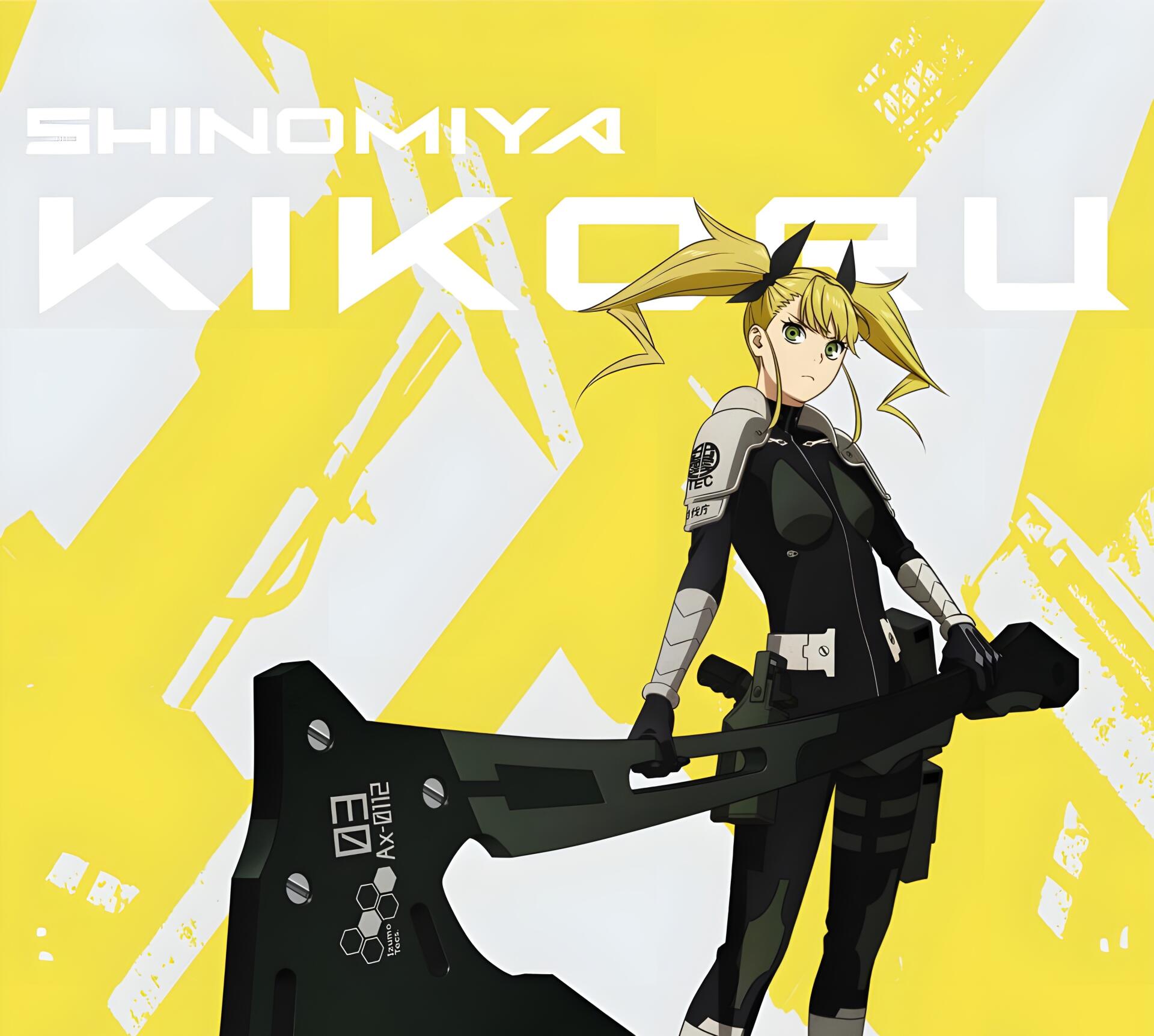 HD PC desktop wallpaper of Kikoru Shinomiya from the anime Kaiju No. 8, posed with a large blade-like weapon against a bold yellow graphic background.
