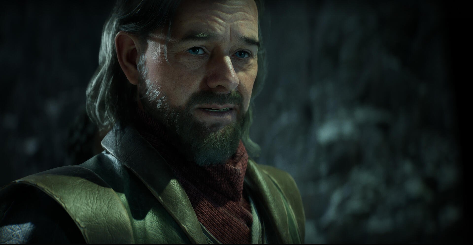 HD PC desktop wallpaper and background: close-up of a bearded, armored character from the video game Echoes of the End, tense expression against a dim, rocky cavern backdrop.