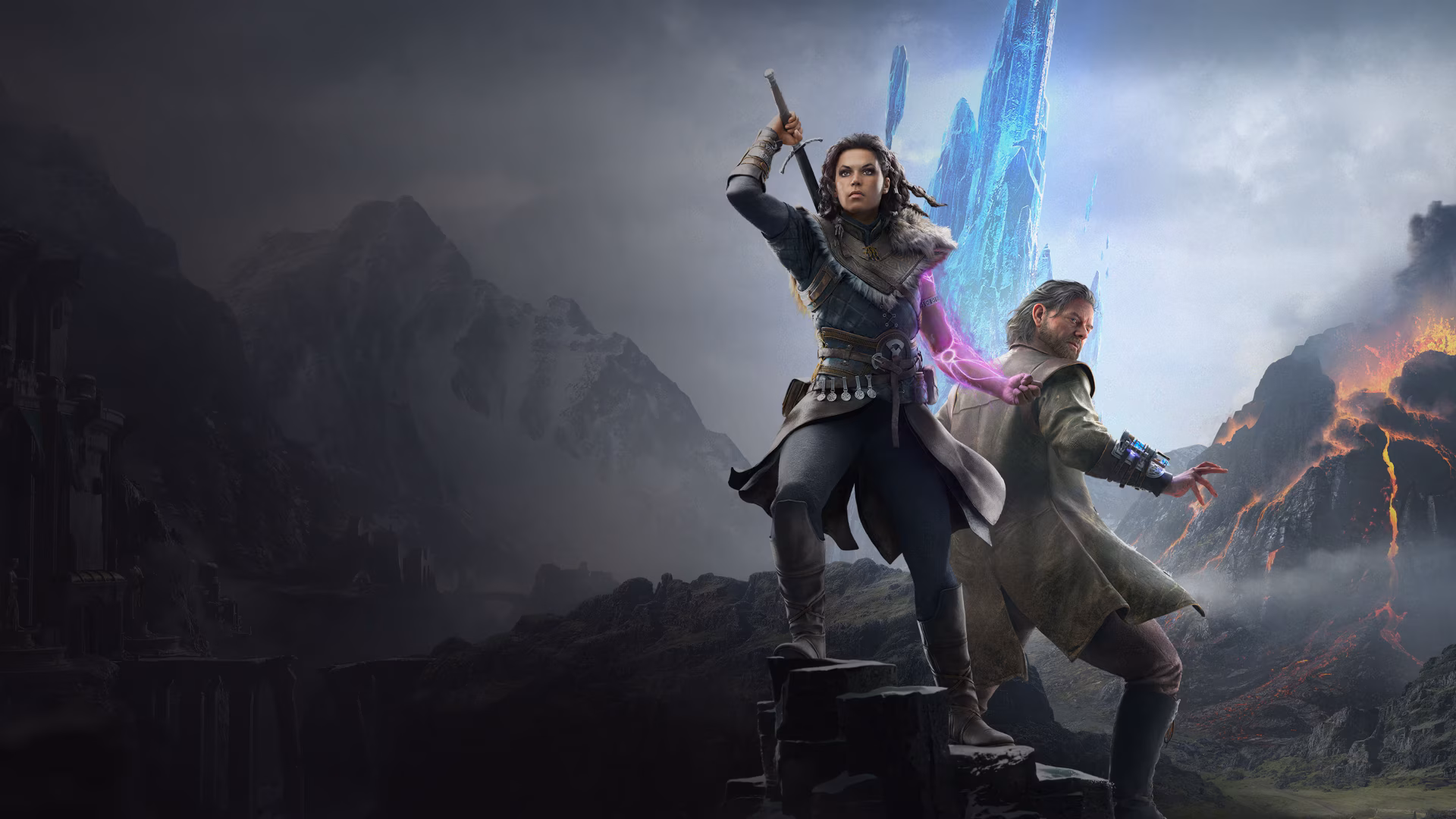 Echoes of the End video game 4K Ultra HD PC desktop wallpaper: two protagonists stand back-to-back on a rocky peak, one raising a sword, the other channeling blue crystal energy.