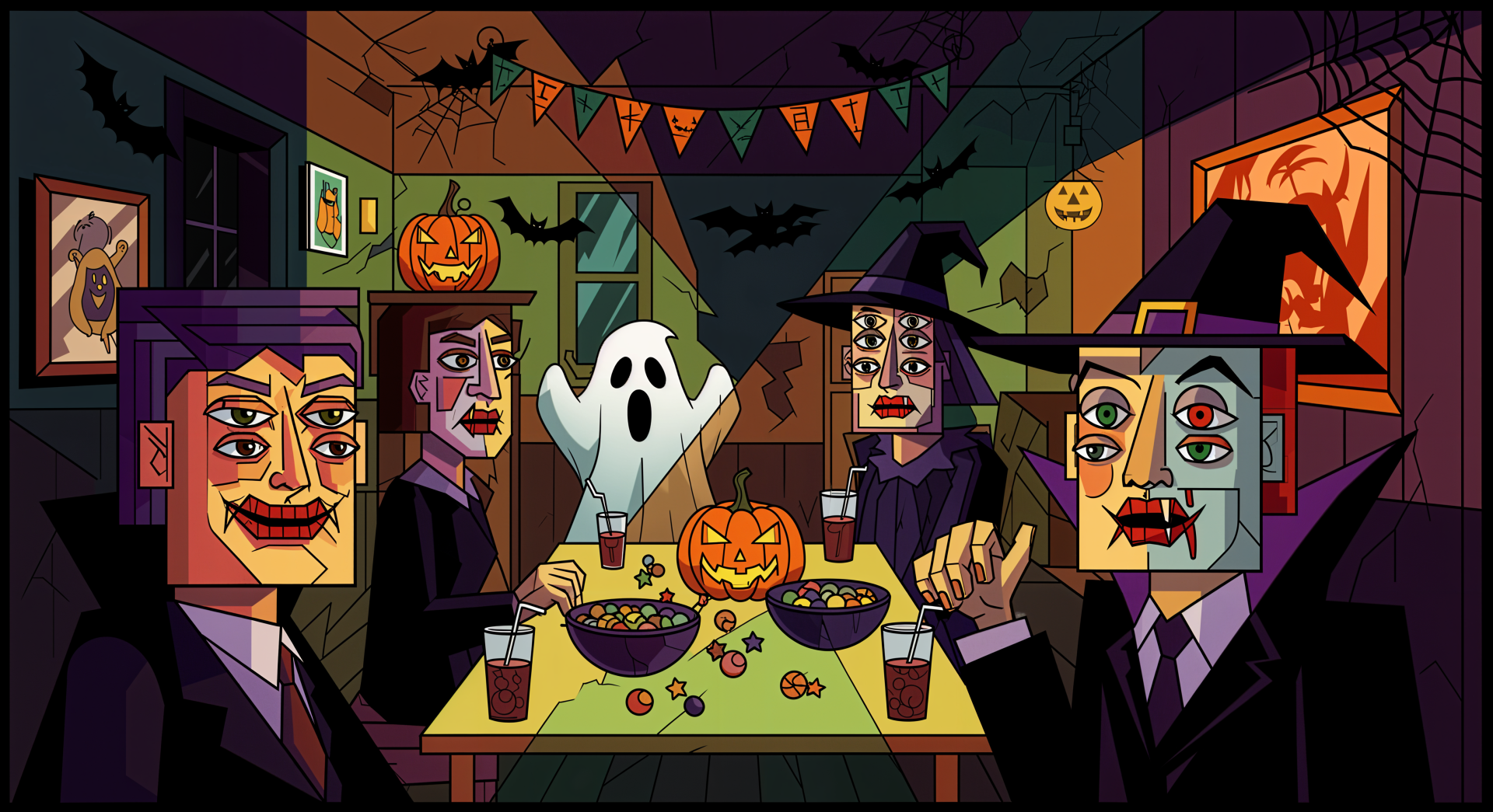 Geometric cubist Halloween Party scene: costumed guests at a candy-strewn table with jack-o'-lanterns, ghost decor and bats — 4K Ultra HD PC desktop wallpaper and background.
