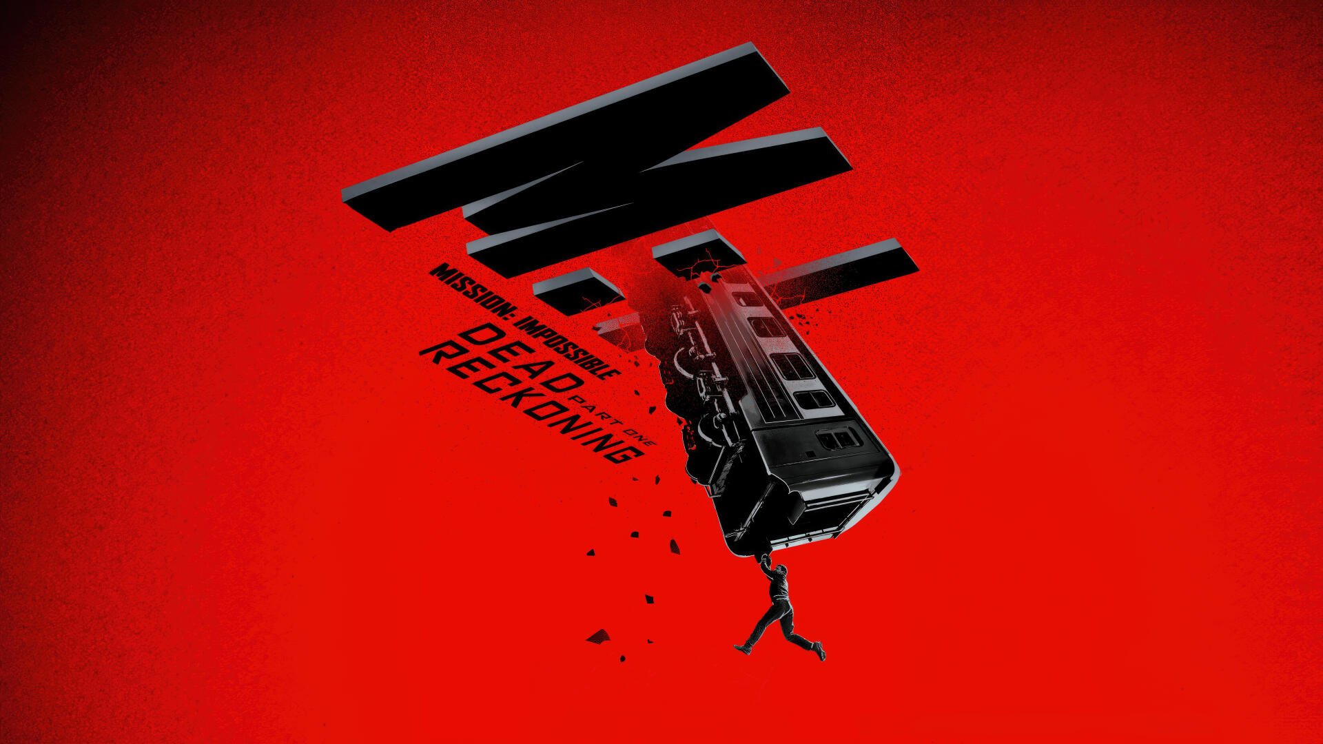 Mission: Impossible - Dead Reckoning Part One 4K Ultra HD PC desktop wallpaper: shattered IMF emblem and derailed train car tumbling across a bold red background.