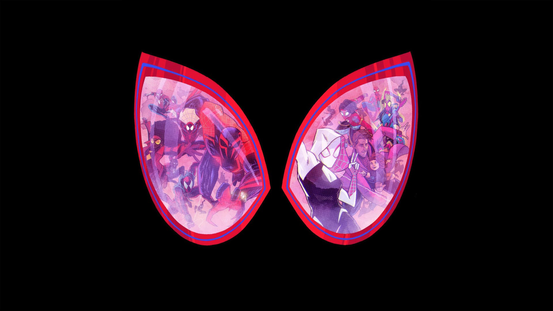 Stylized pink-red Spider-Man eye shapes filled with a character collage from Spider-Man: Across the Spider-Verse on a black field — 4K Ultra HD PC desktop wallpaper.