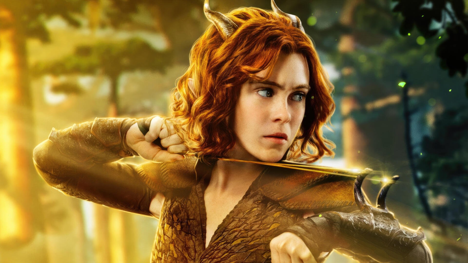 Dungeons & Dragons: Honor Among Thieves — red‑haired female archer pulls a bow in a sunlit forest; 4K Ultra HD PC desktop wallpaper and background.