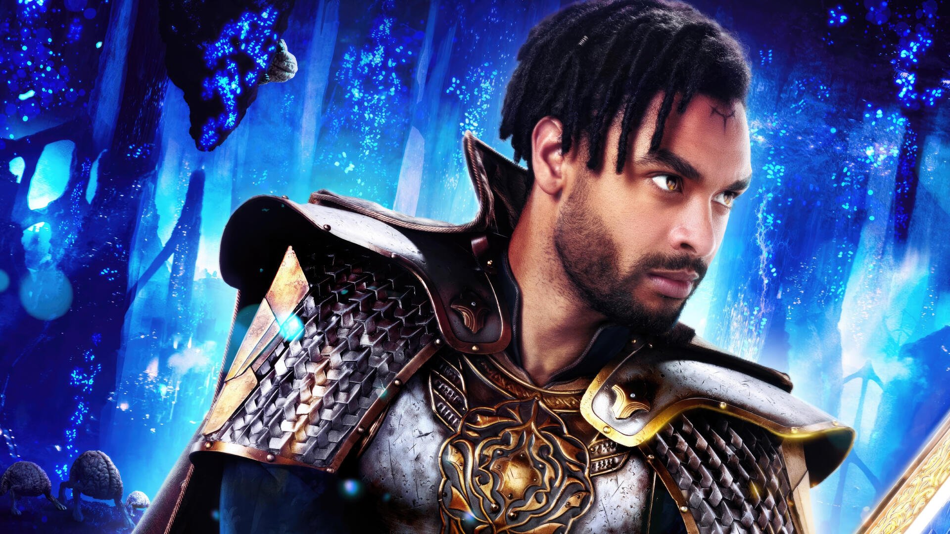 Dungeons & Dragons: Honor Among Thieves 4K Ultra HD PC desktop wallpaper and background — armored hero with dreadlocks and ornate chestplate gazes right against a glowing blue crystal cavern.