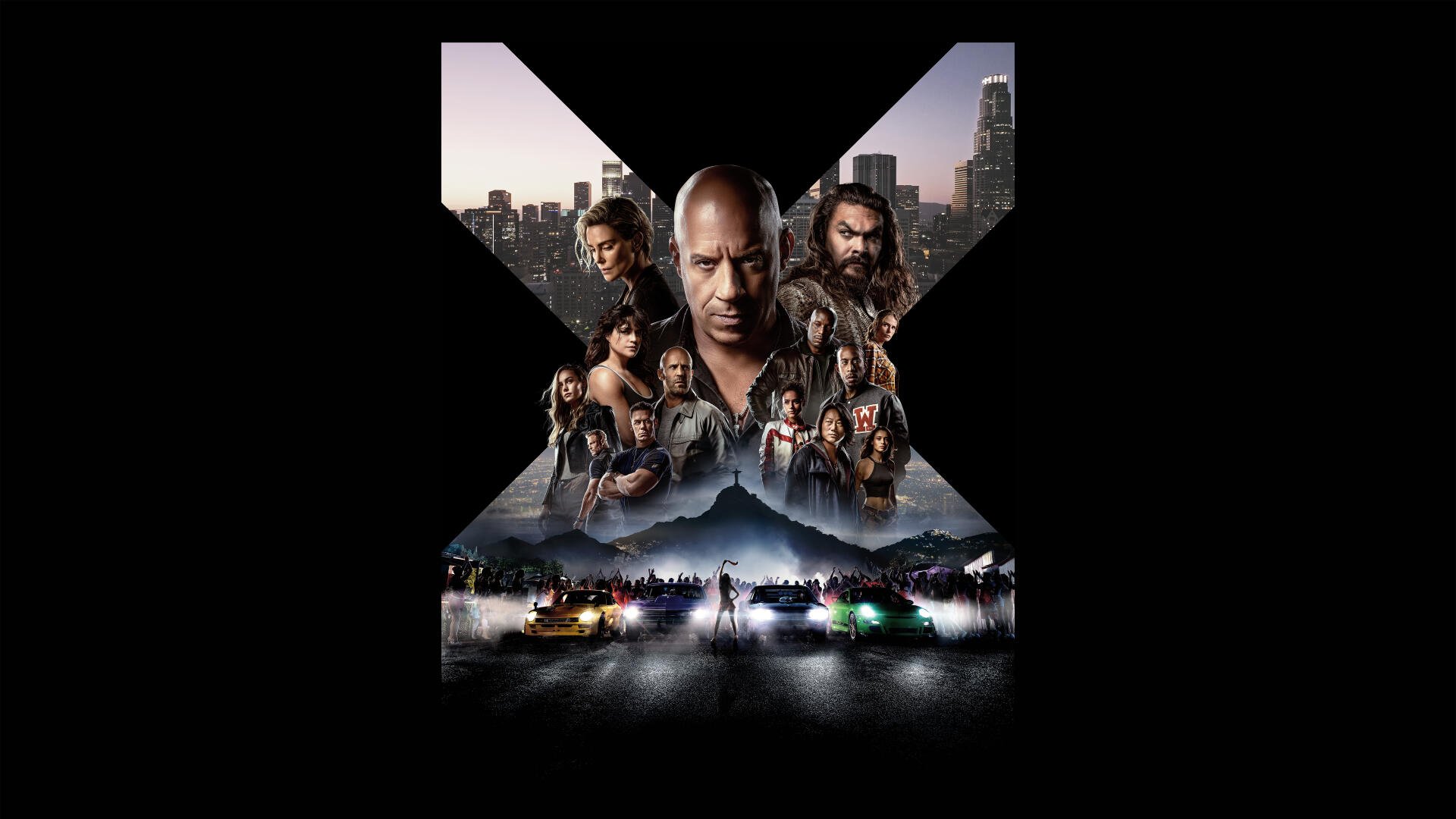 Fast X 8K Ultra HD PC desktop wallpaper: X-shaped collage of characters over a city skyline, mountain silhouette and neon-lit street race with multiple cars.
