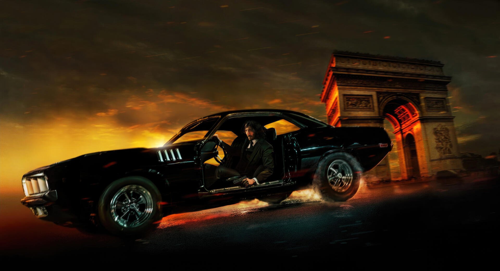 John Wick: Chapter 4 4K Ultra HD PC desktop wallpaper — suited figure stepping from a black muscle car with flaming skid marks, Arc de Triomphe glowing against a stormy, orange sky.
