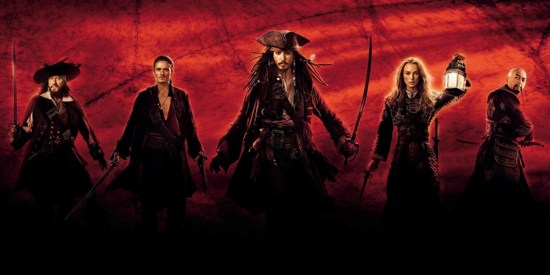 Pirates of the Caribbean: At World's End 4K Ultra HD PC desktop wallpaper and background — silhouetted pirate crew led by a tricorn‑hatted captain, swords and lanterns against a burning red sky.