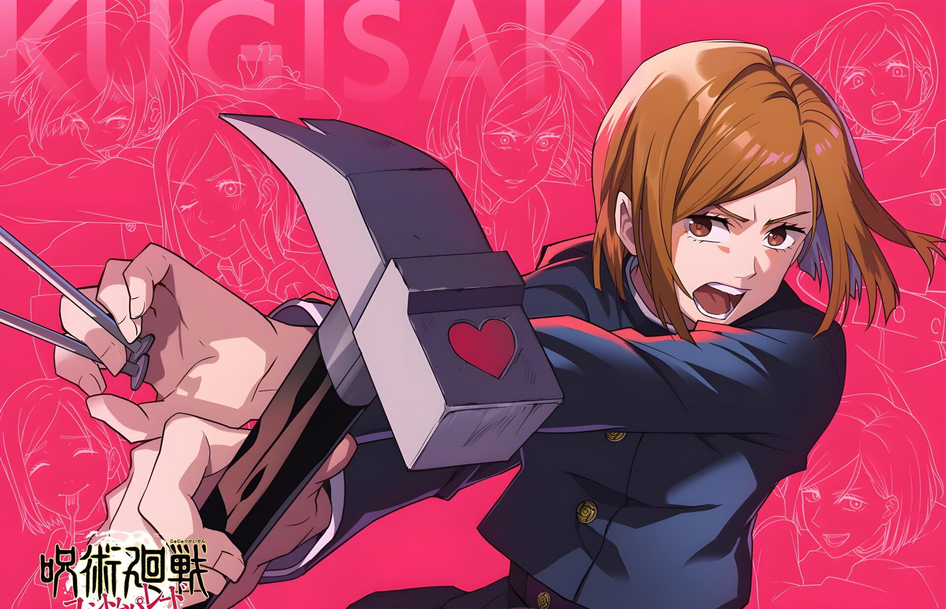 Anime Jujutsu Kaisen, Nobara Kugisaki in 4K Ultra HD PC wallpaper, swinging a hammer and nails against a vivid pink, rose-patterned background.