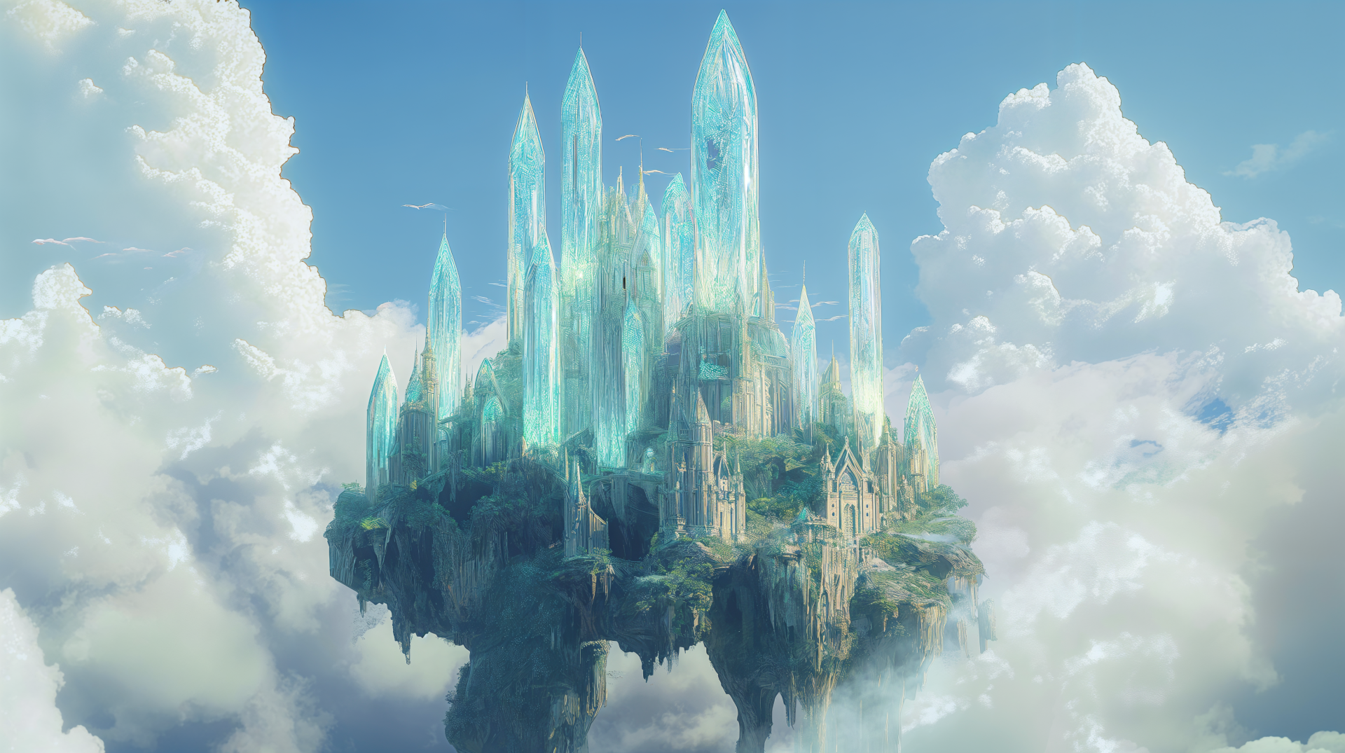 4K Ultra HD fantasy wallpaper: a floating crystal castle with turquoise spires rising from a rocky island amid clouds, bright sky — PC desktop background.