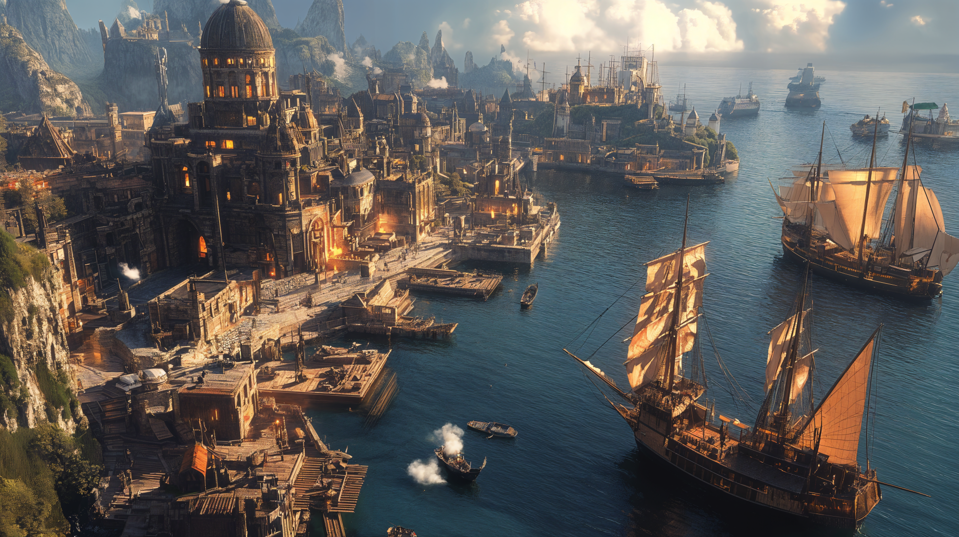 4K Ultra HD PC desktop wallpaper/background of a sprawling fantasy city harbor at dusk, ornate stone buildings and glowing lights lining the quay, with tall sailing ships on calm waters.