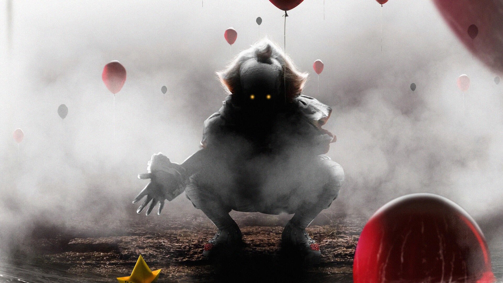 It (2017) HD PC desktop wallpaper and background: shadowy Pennywise crouching with glowing yellow eyes in mist, red balloons drifting overhead and a paper boat on muddy ground.