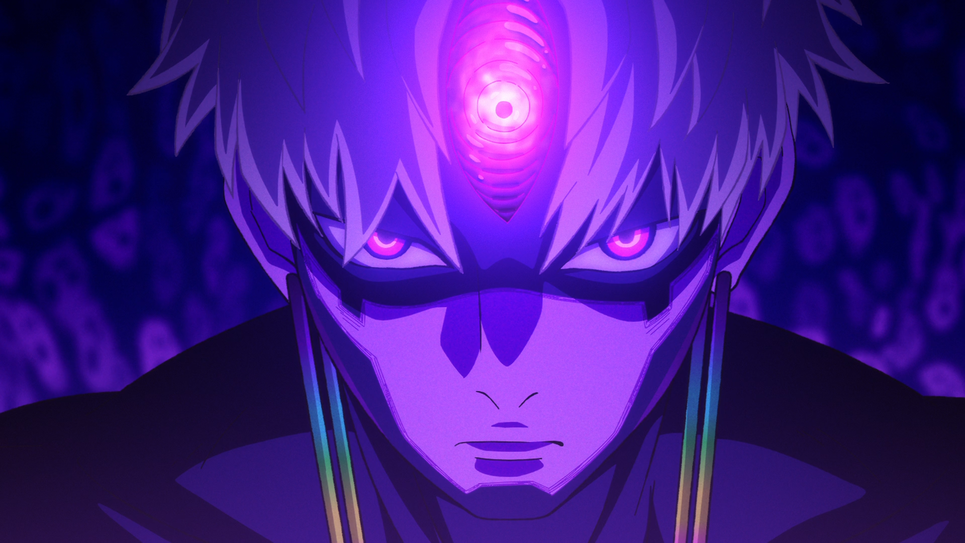 HD PC desktop wallpaper/background: anime Dandadan's Jin Enjouji with a glowing third eye, purple aura and an intense neon-lit stare.
