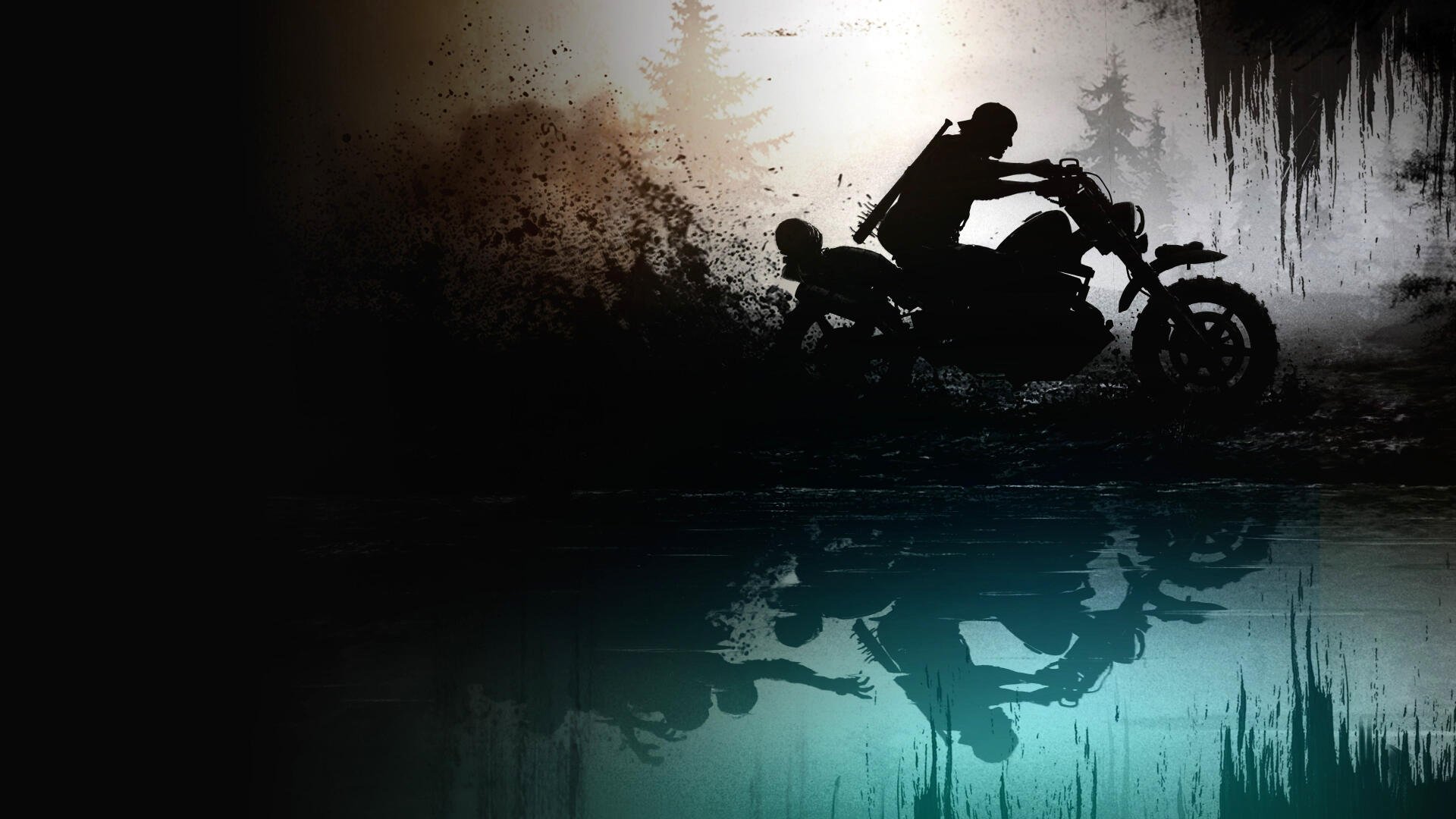 Days Gone 4K Ultra HD PC desktop wallpaper and background: silhouetted rider on a motorcycle splashes through water with a dark forest reflection and grungy textures.