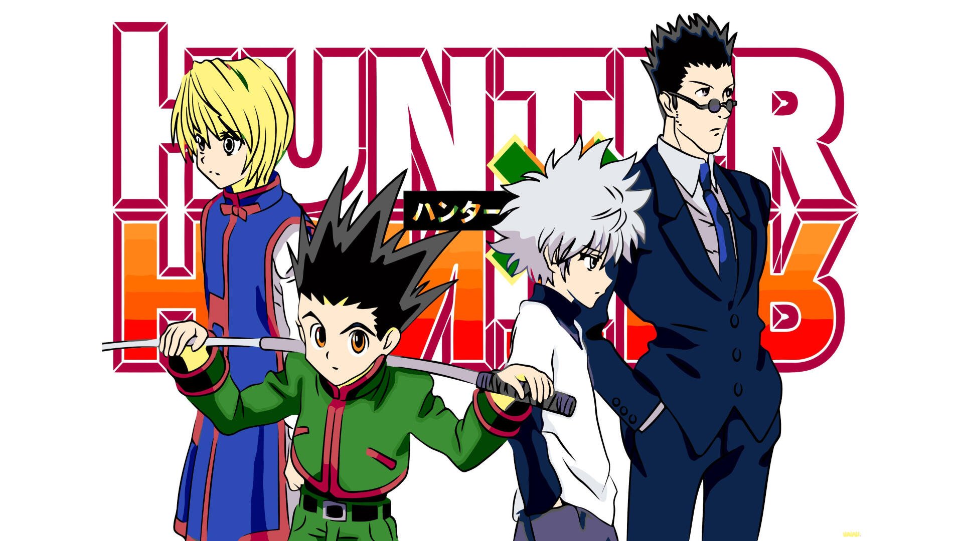Hunter x Hunter 4K Ultra HD PC desktop wallpaper/background: Gon, Killua, Kurapika and Leorio pose together in front of a bold red series logo.