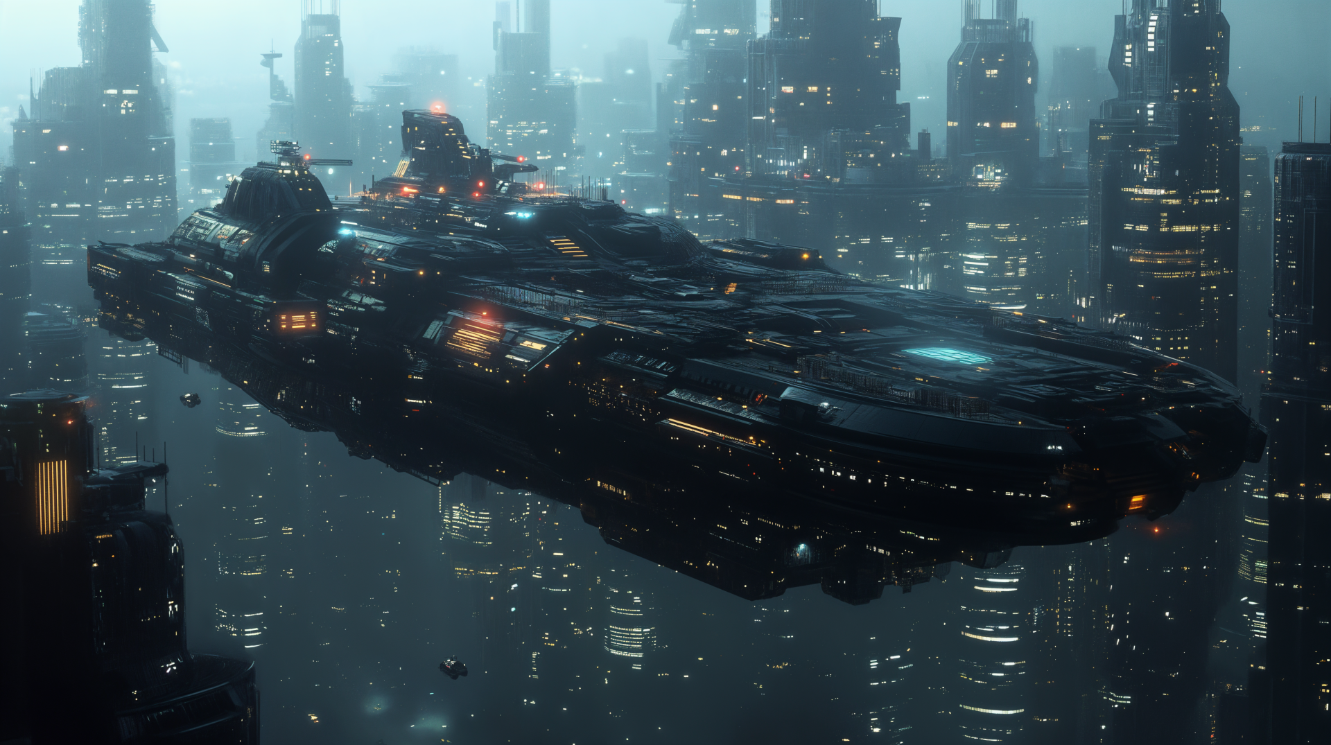 Sci Fi spaceship glides above a rain-drenched neon megacity skyline — dramatic 4K Ultra HD PC desktop wallpaper and background.