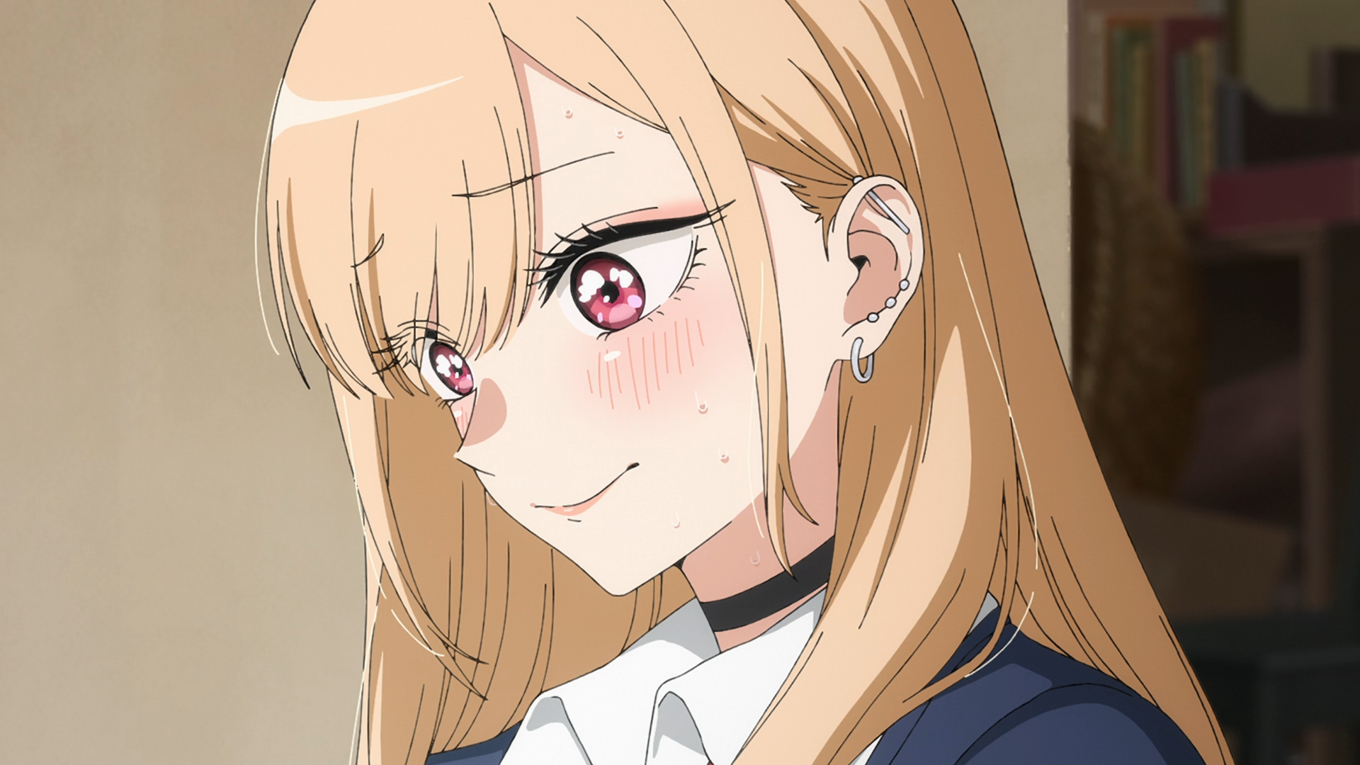HD PC wallpaper of Marin Kitagawa from My Dress-Up Darling — close-up blushing portrait with long blonde hair, pink eyes, a black choker and school uniform.