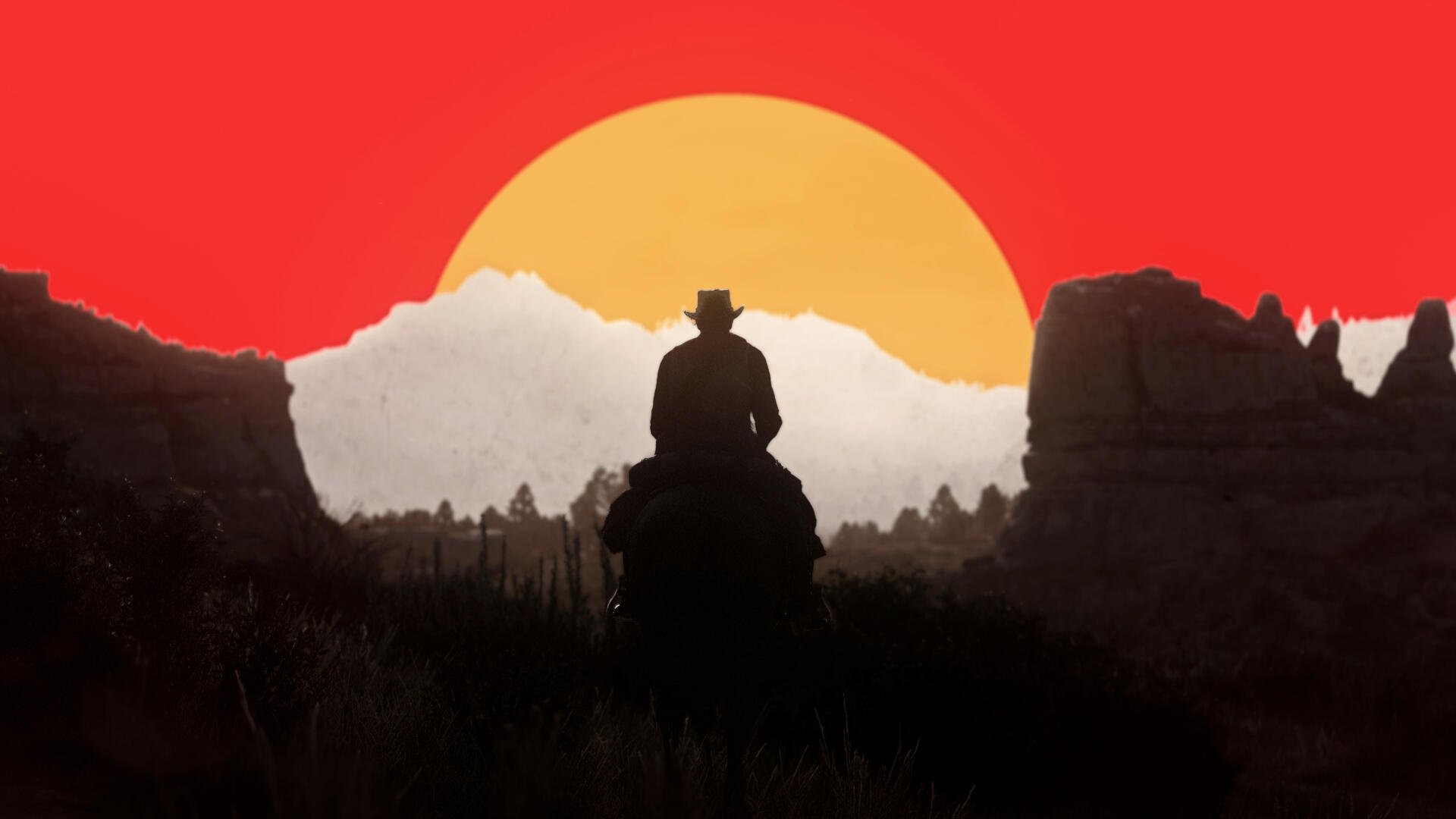 Red Dead Redemption 2 4K Ultra HD PC desktop wallpaper — silhouetted rider on horseback before a huge yellow sun, red sky and distant mesas.