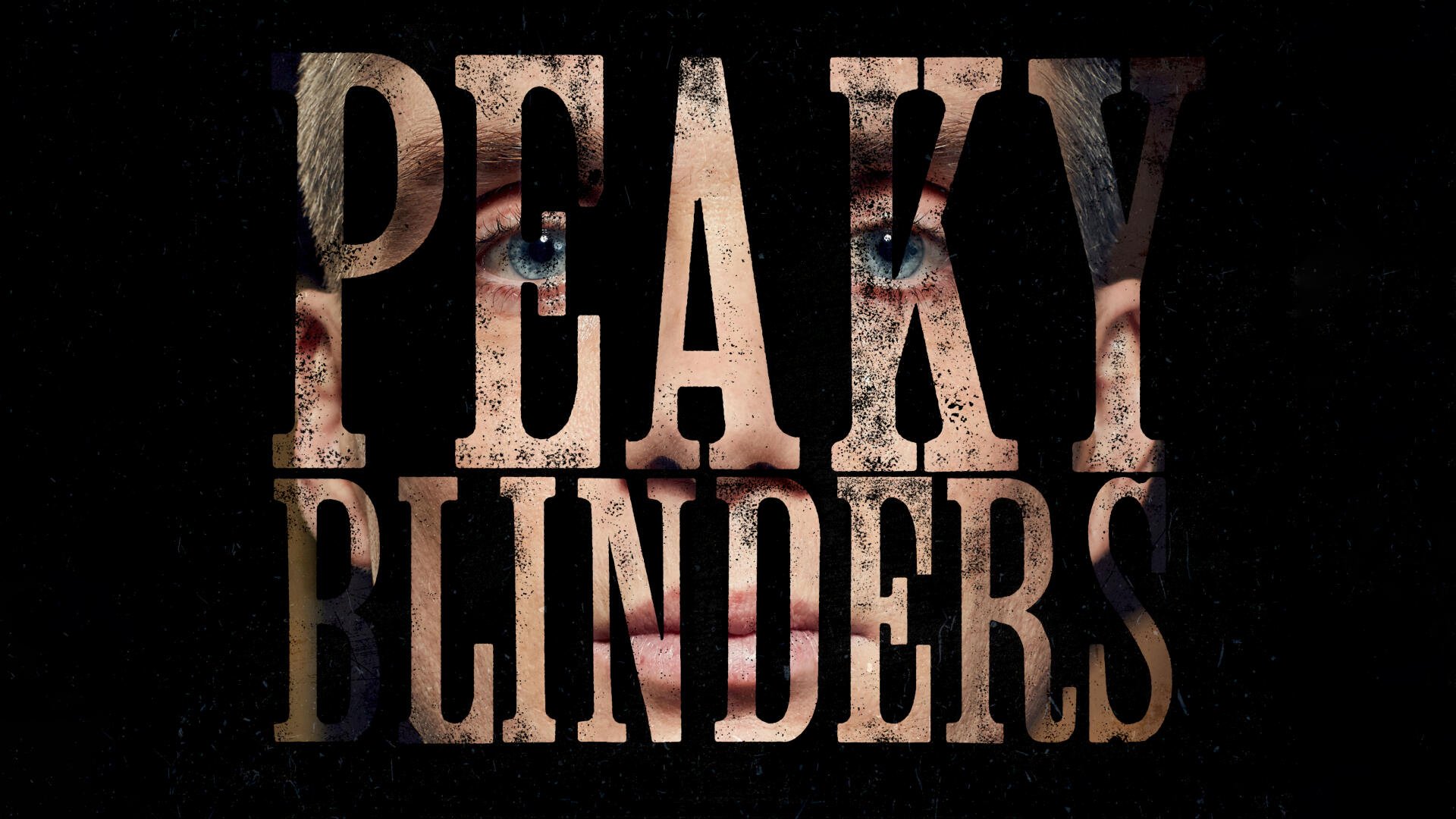 Peaky Blinders logo with a shadowed face seen through distressed block letters on a black background — 4K Ultra HD PC desktop wallpaper.
