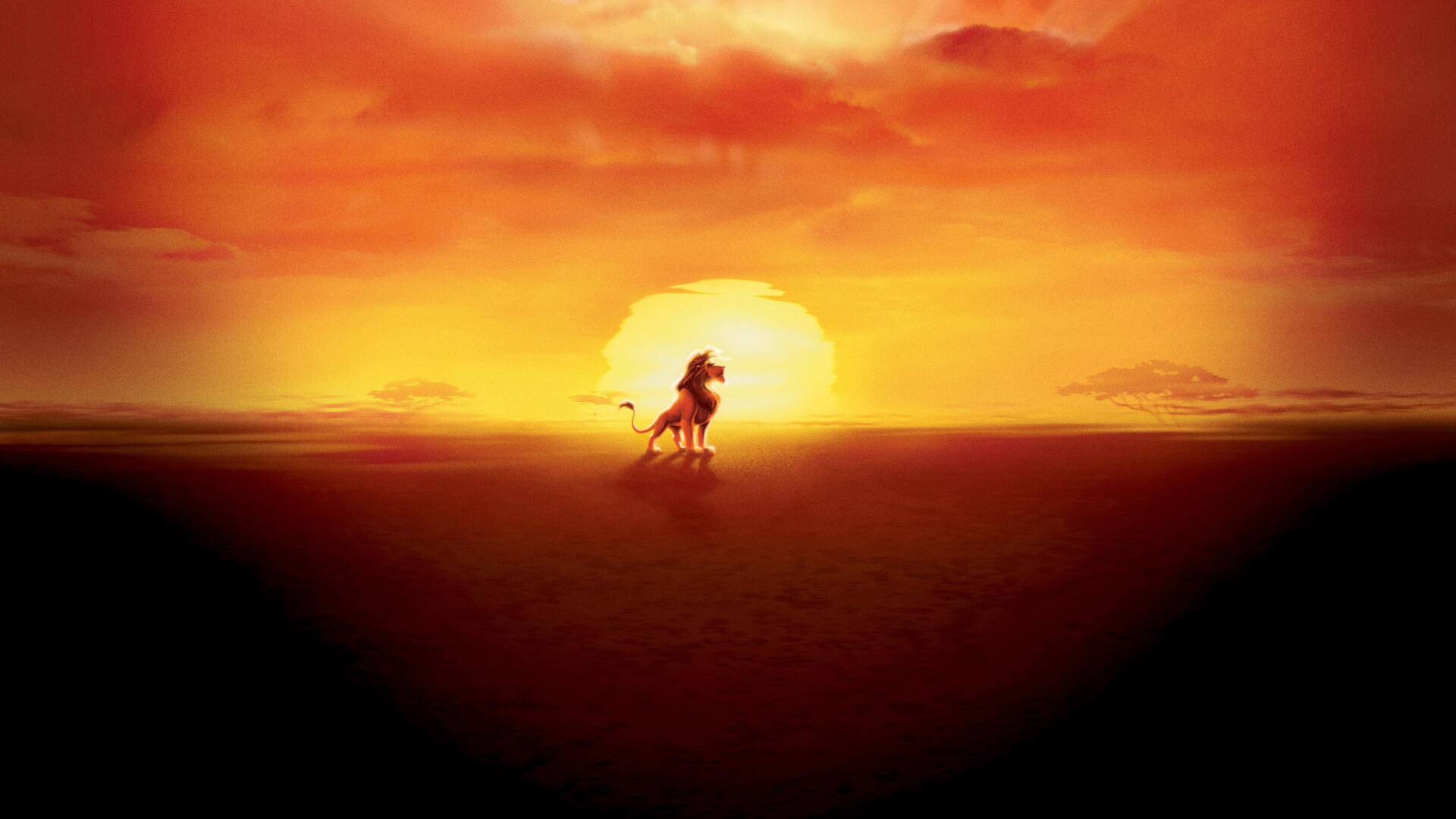 The Lion King HD PC desktop wallpaper: silhouette of Simba crossing a vast savanna toward a blazing orange sunset.