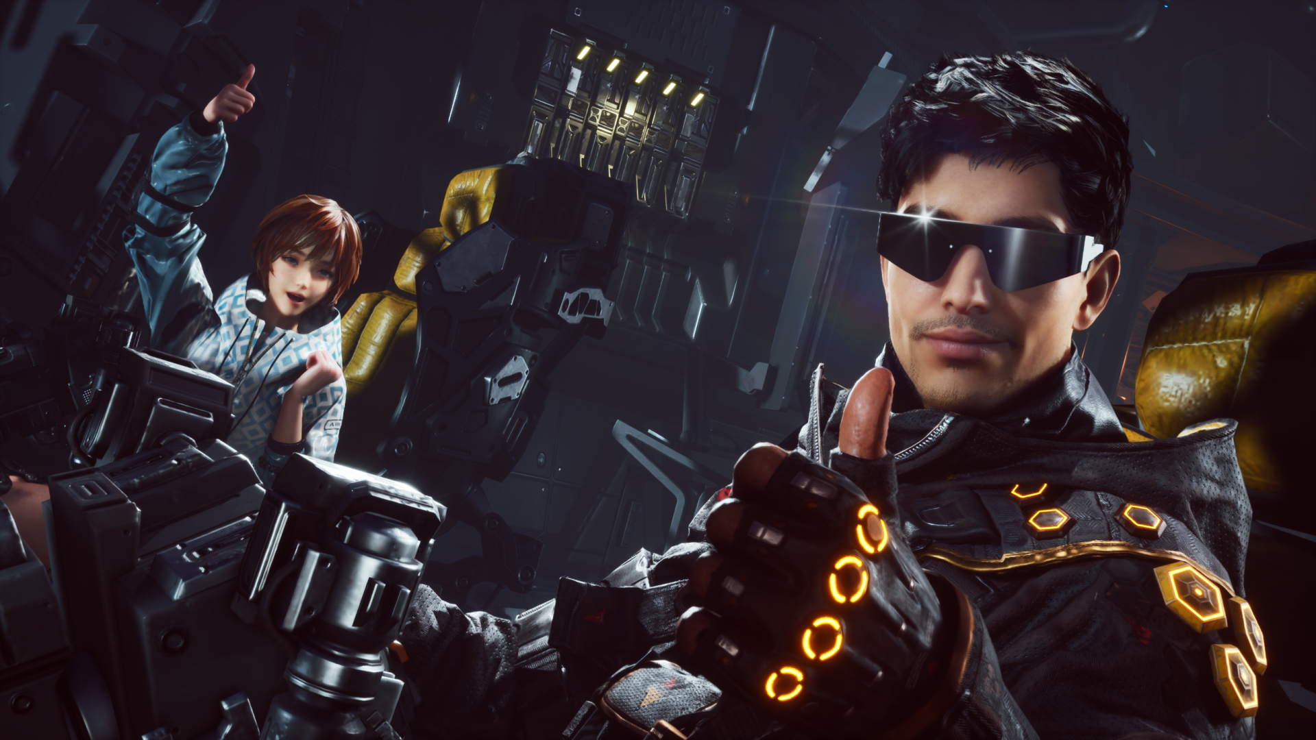 HD PC desktop wallpaper from the video game Stellar Blade: a sunglasses-wearing male operative in futuristic armor gestures forward while a female warrior readies a weapon in a sci‑fi ruin.