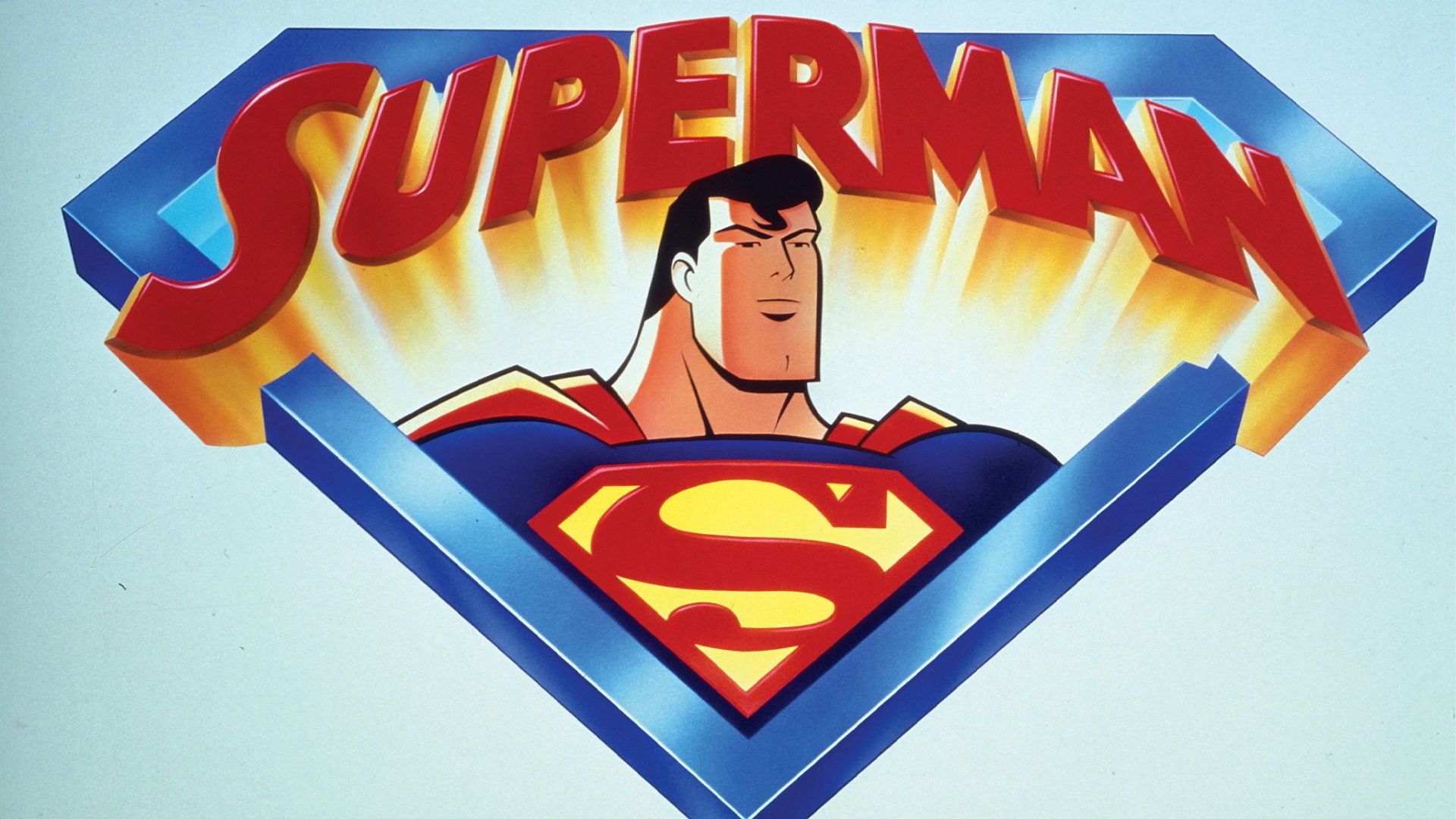 Animated Superman bust in a glowing blue diamond emblem with bold red S and sunrise rays — Superman: The Animated Series HD PC wallpaper and background.