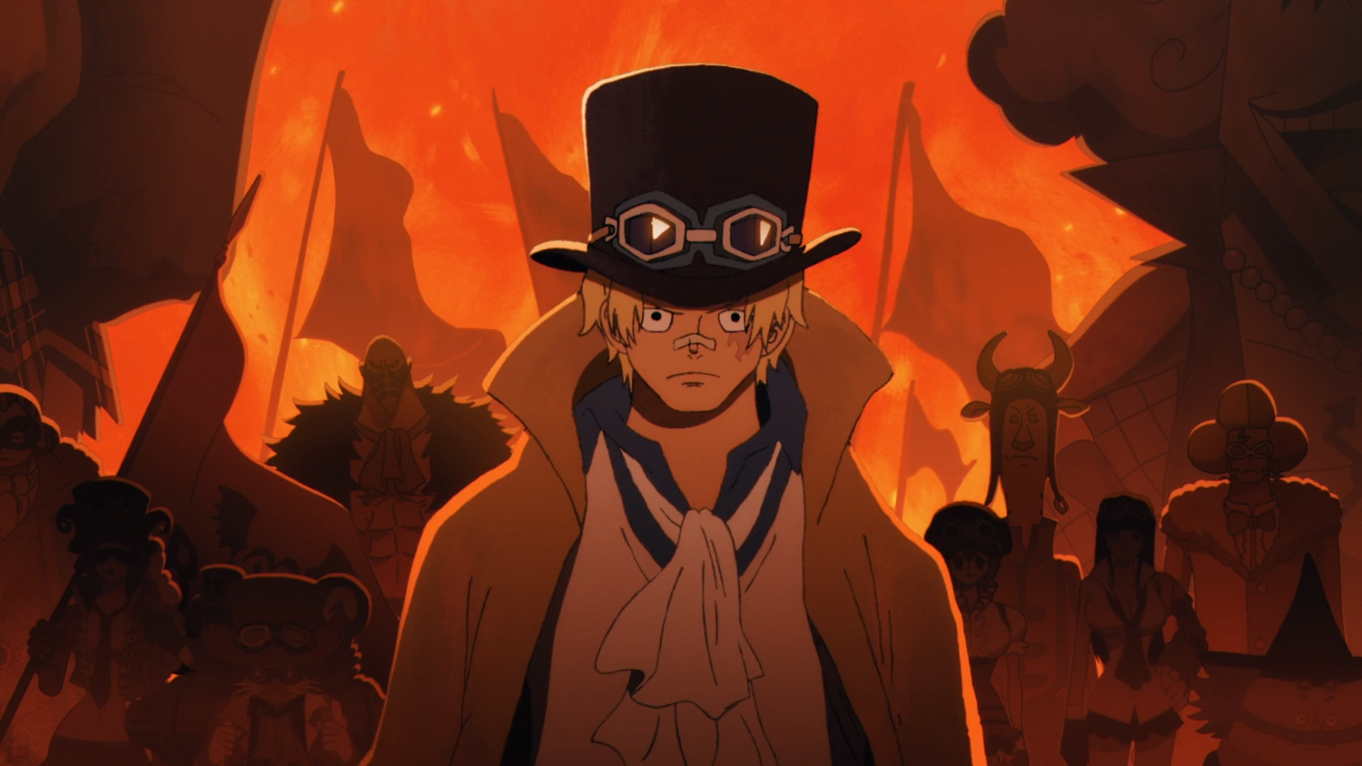 HD PC desktop wallpaper/background of Sabo (One Piece), anime portrait of him in a top hat and goggles, scarf billowing amid flames and a silhouetted crowd.