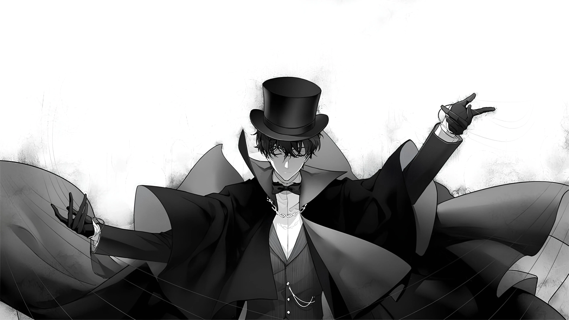 Novel 4K Ultra HD PC desktop wallpaper/background: monochrome anime gentleman in top hat, tuxedo and cape, arms outstretched in a dramatic noir pose.