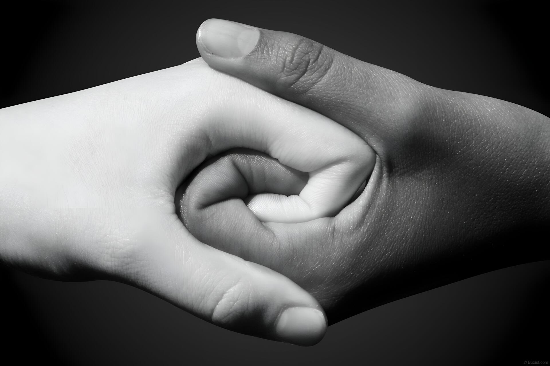 Black-and-white HD PC desktop wallpaper showing two hands clasped in a gentle handshake, symbolizing togetherness, family and friends.
