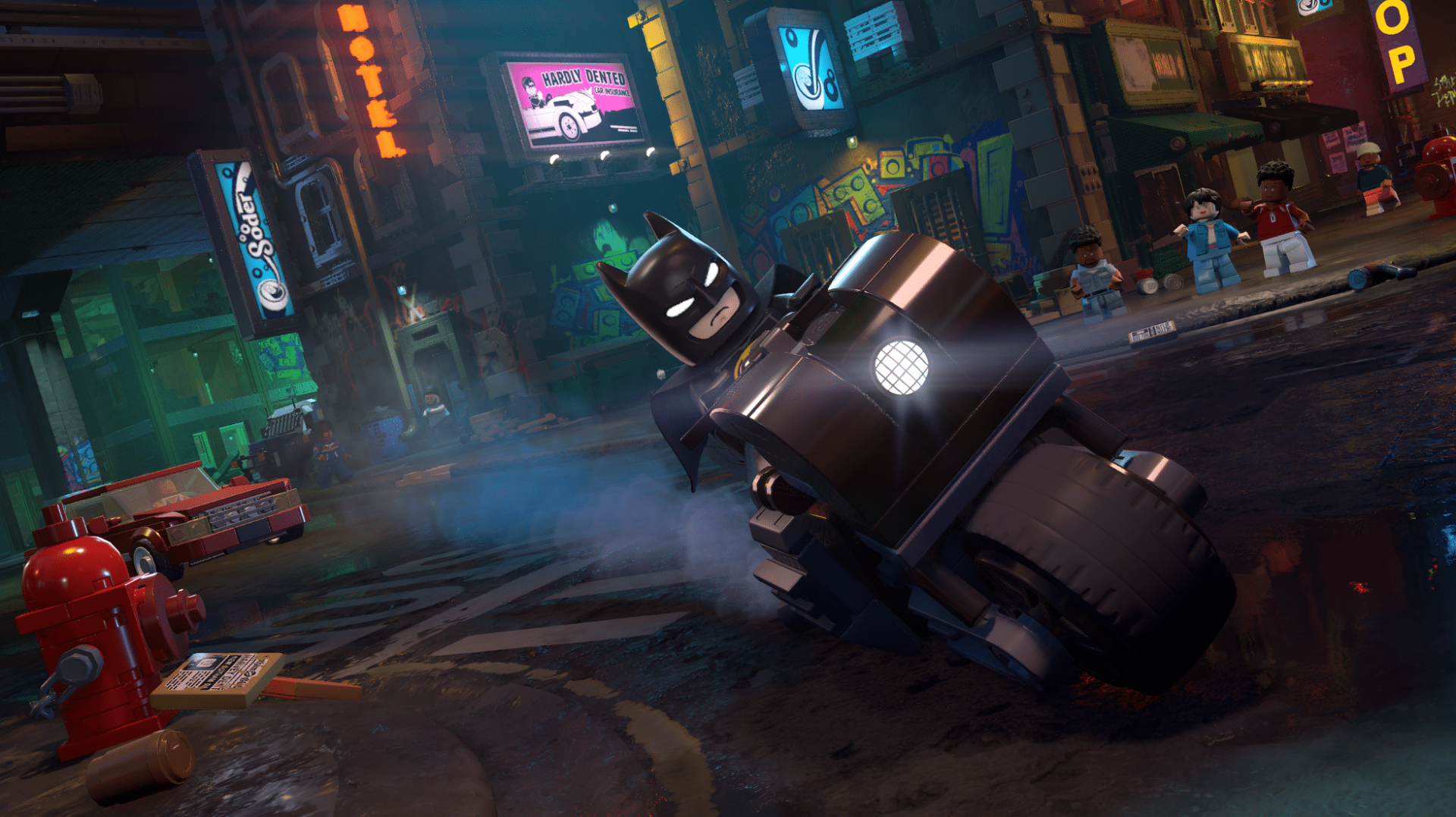 HD PC desktop wallpaper: LEGO Batman from the video game Lego Batman: Legacy of the Dark Knight speeds on his Batcycle through a neon, rain‑slick Lego Gotham street.