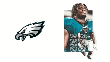 A vibrant HD wallpaper featuring Philadelphia Eagles player Jordan Davis, alongside the iconic Eagles logo and stylized text highlighting his name.