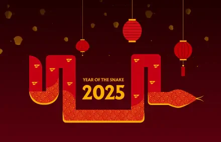A vibrant Lunar New Year wallpaper featuring a stylized snake, symbolizing the Year of the Snake 2025, accented with traditional lanterns in a festive red backdrop.
