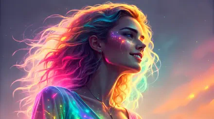 A vibrant neon girl with colorful hair and sparkling features, set against a dreamy background, creating a captivating 4K Ultra HD desktop wallpaper.