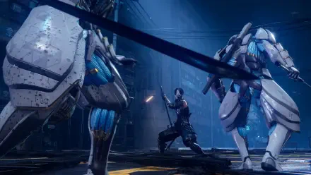 A dynamic scene from Ninja Gaiden 4, featuring a ninja in action against robotic foes, set in a futuristic environment with dramatic lighting. HD PC desktop wallpaper.