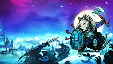 A stunning 4K Ultra HD background from Tails of Iron 2: Whiskers of Winter, featuring a fierce mouse warrior battling in a wintry landscape under a glowing moon.