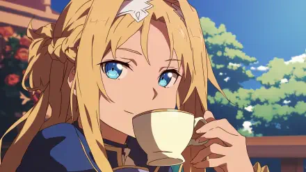 Anime character Alice Zuberg from Sword Art Online: Alicization enjoys a serene moment while sipping tea, set against a backdrop of vibrant greenery. HD wallpaper ideal for fans.