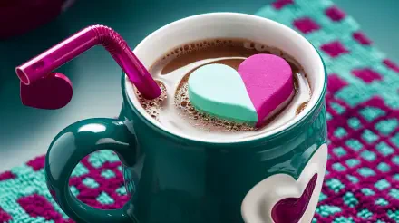 A vibrant cup of hot cocoa topped with colorful heart-shaped marshmallows, featuring a playful straw, set against a cozy background. A stylish 4K Ultra HD desktop wallpaper.