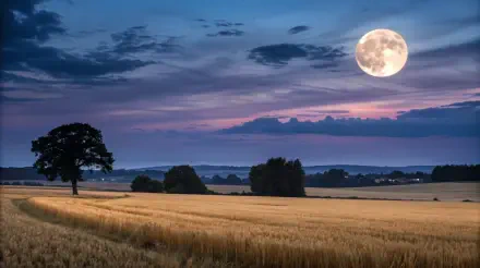 A radiant harvest moon illuminates a tranquil landscape, casting a soft glow over golden fields and silhouetted trees, creating a serene nature scene in stunning 4K Ultra HD.
