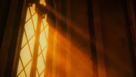 A warm sunlight streams through a gothic window, casting golden rays in a captivating anime style, inspired by Castlevania, creating a striking 4K Ultra HD background.