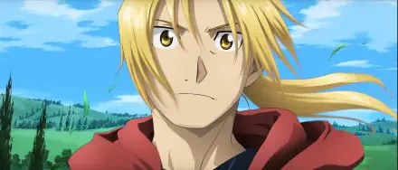 A close-up of Edward Elric from Fullmetal Alchemist, showcasing his determined expression. Bright blue sky and green landscape serve as a vibrant backdrop, ideal for an HD desktop wallpaper.