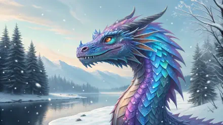 A stunning ice dragon with vibrant scales gazes majestically, surrounded by snow-covered mountains and a serene river, showcased in a 4K Ultra HD digital wallpaper.