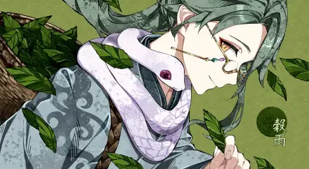 HD PC desktop wallpaper featuring Baizhu, a boy character from the video game Genshin Impact, surrounded by green leaves in an artistic style.